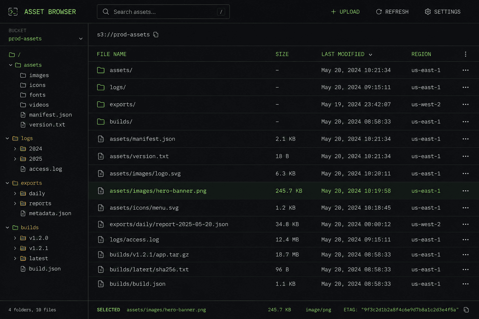 Developer asset browser with logs and exports