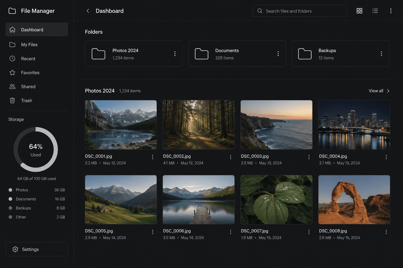Personal cloud dashboard with photos and documents