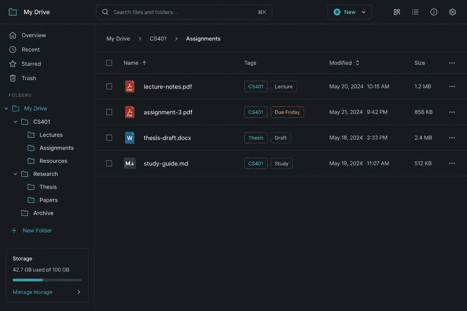 Student file dashboard with PDFs and notes